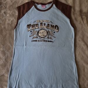 The Alamo Souvenir Brown and Blue Sleeveless Graphic Tee